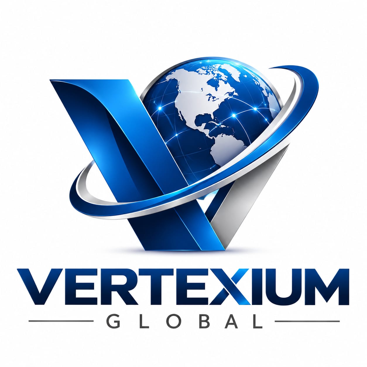 Vertexium Global logo featuring a blue globe and V