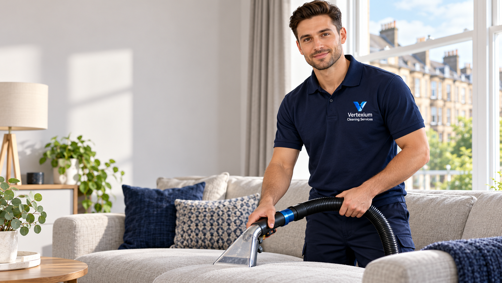 Cleaner wearing a Vertexium Cleaning Services uniform while cleaning a sofa